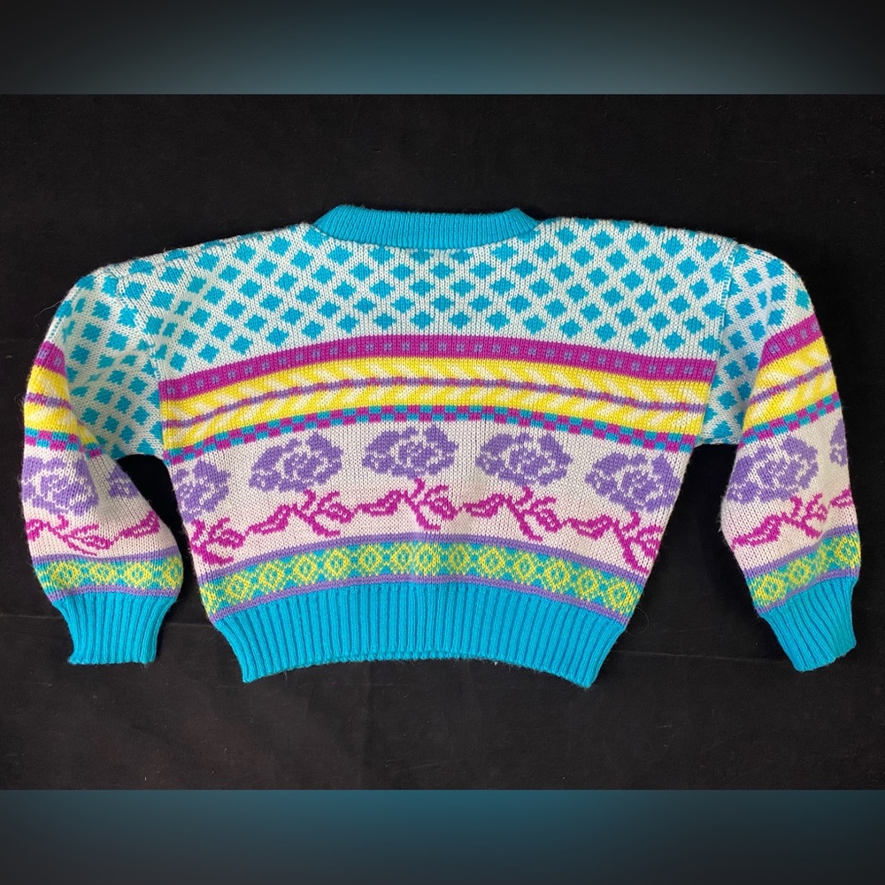 VINTAGE Rainbow Connection Sweater Girls Toddler 3T Purple Roses Blue Yellow 80s - Picture 5 of 6
